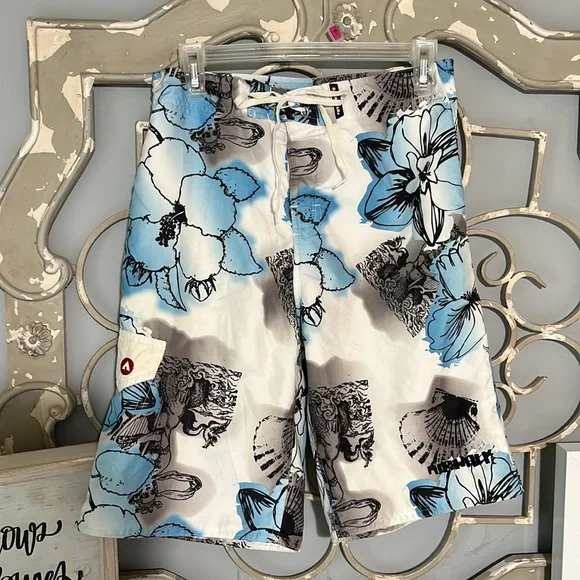 Airwalk Swim Swim Trunks Board Shorts Boys 8 Tropical White Blue Floral Poshmark